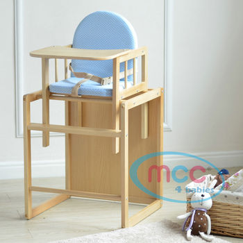 Blue 3 In 1 Baby Wooden High Chair With Play Table Cushion & Harness