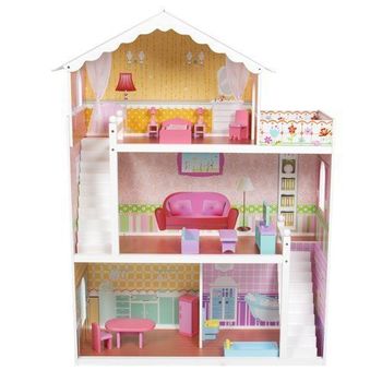 Wooden Kids Doll House With Furniture & Staircase