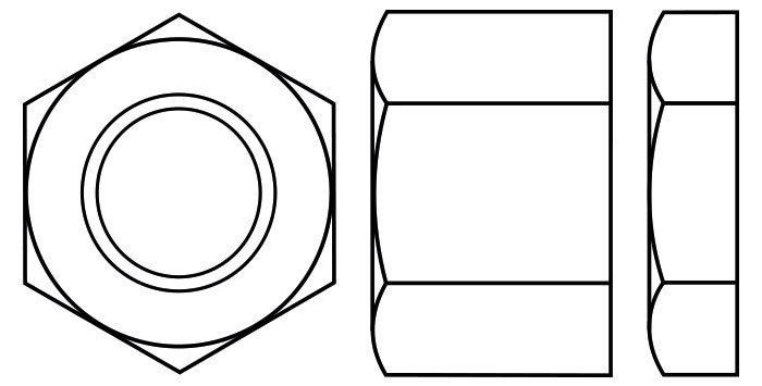 Hexagon Full Nut with a Single Chamfered side also known as a Full bearing Nut, showing both a full nut and a lock/half or jam nut.