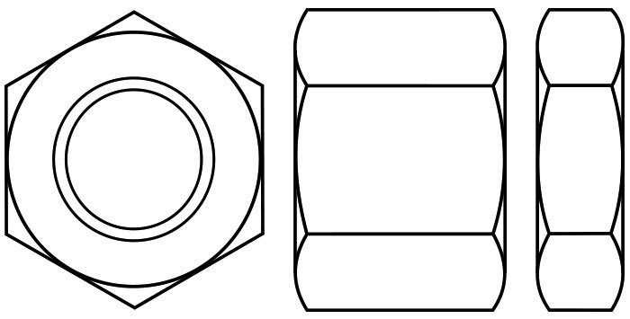 Hexagon Full Nut with both ends chamfered, also showing both a a lock/half or jam nut