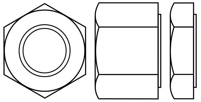 Hexagon full nut with a washer face on one side, also showing a lock/half or jam nut.