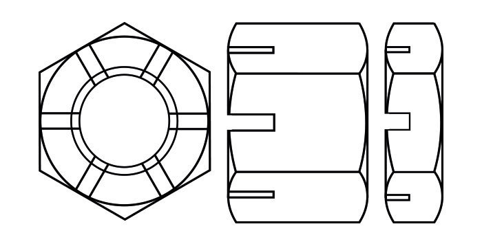 Hexagon Slotted Nuts, tall and short, DIN935 and DIN937 type, with standard square bottom slots on each face on one side of the fastener, two of which take a locking pin to hold it firmly in place. Also known as a castellated nut.