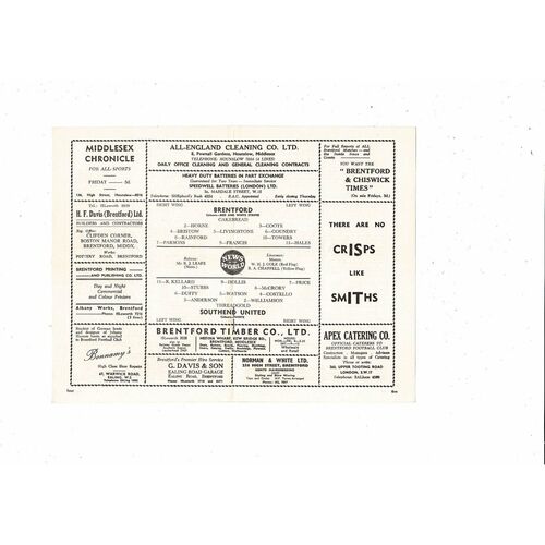 1959/60 Brentford v Southend United Football Programme