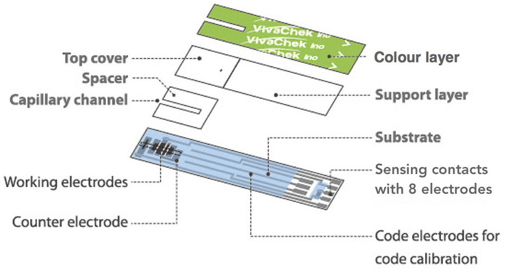 How the electrodes are arranged in the VivaChek test strip