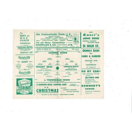 1962/63 Ashford Town (Kent) v Trowbridge Town Southern League Football Programme