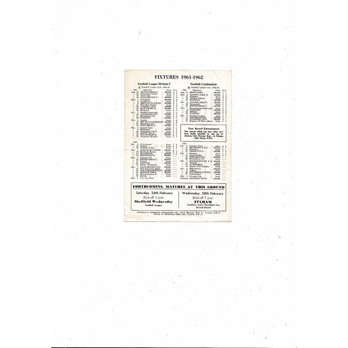 Chelsea v Portsmouth Football Combination Programme 1961/62
