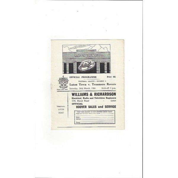 1965/66 Luton Town v Tranmere Rovers Football Programme