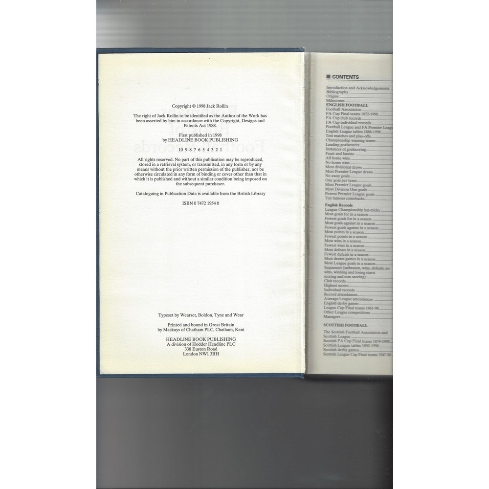 Rothmans Book of Football Records 1998 Hardback Edition Book
