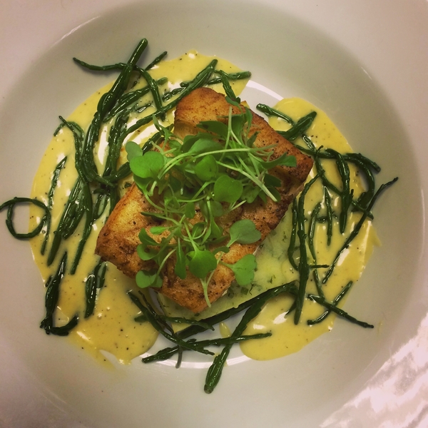 Panfried Halibut on Potato Cake, served with Hollandaise & Samphire Recipe