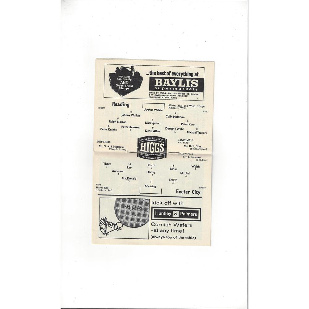 1964/65 Reading v Exeter City Football Programme December Postponed