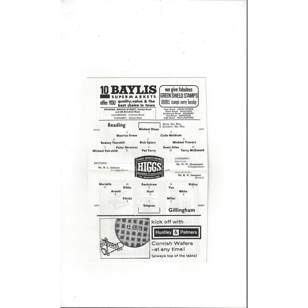 1965/66 Reading v Gillingham Football Programme