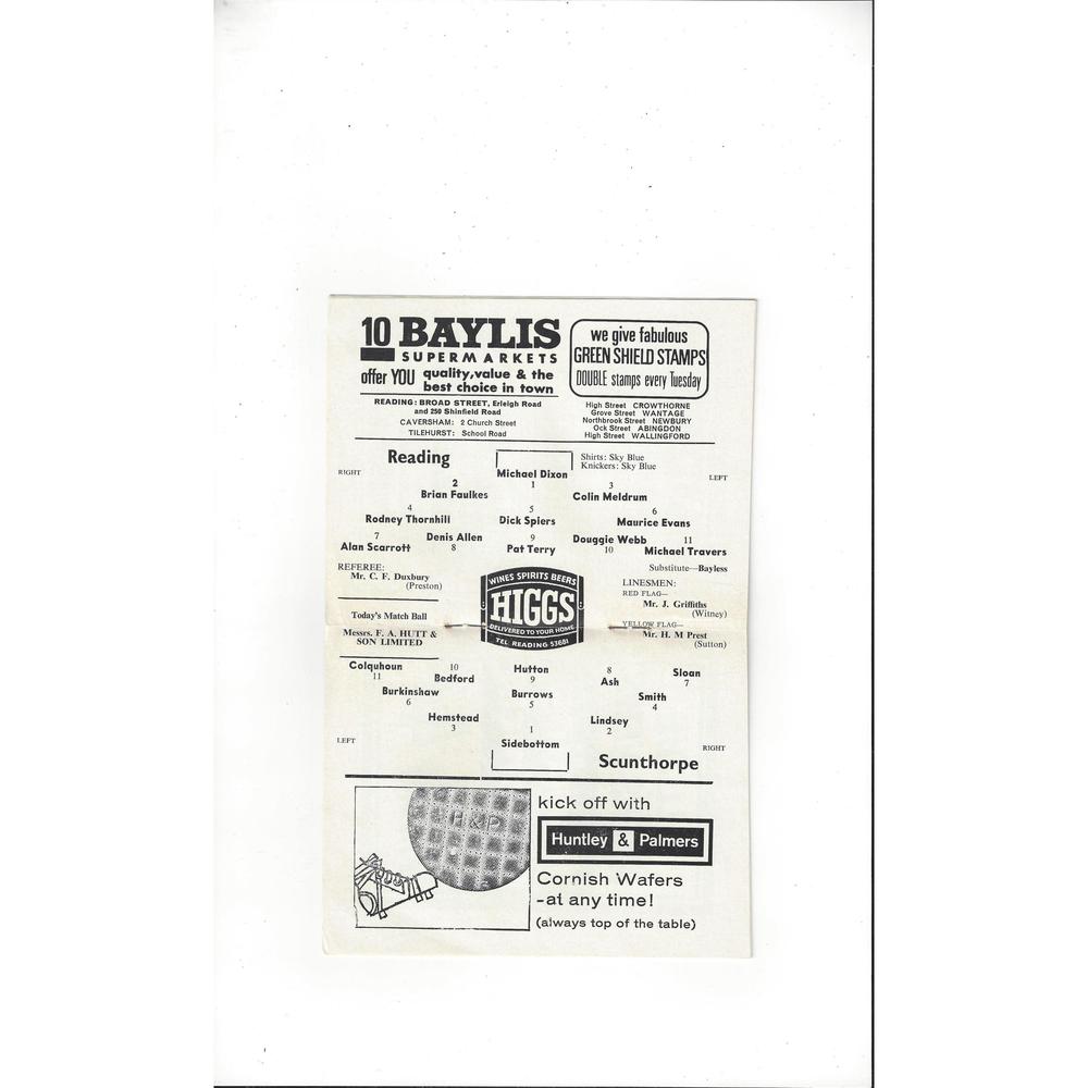 1965/66 Reading v Scunthorpe United Football Programme