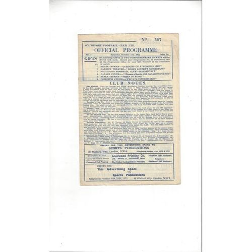 1952/53 Southport v Accrington Stanley Football Programme