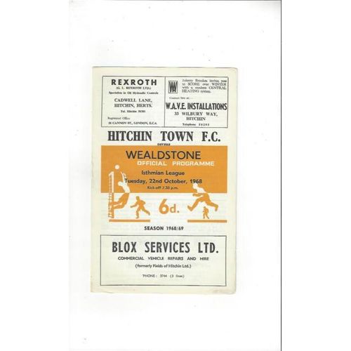 1968/69 Hitchin Town v Wealdstone Football Programme