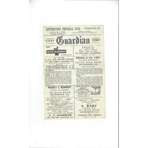 1962/63 Leytonstone v Dulwich Hamlet Football Programme