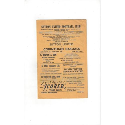 1969/70 Sutton United v Corinthian Casuals Football Programme