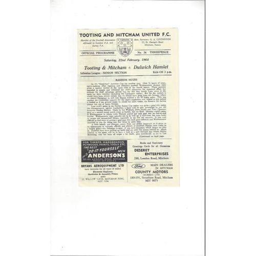 1963/64 Tooting & Mitcham United v Dulwich Hamlet Football Programme