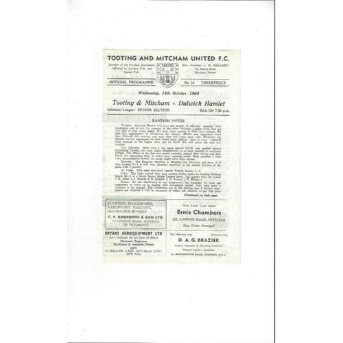 1964/65 Tooting & Mitcham United v Dulwich Hamlet Football Programme