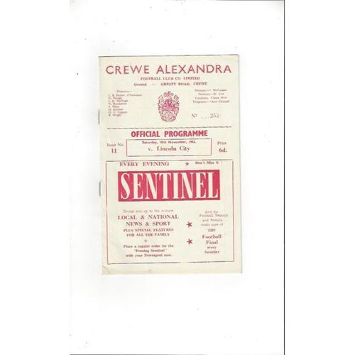 1962/63 Crewe Alexandra v Lincoln City Football Programme