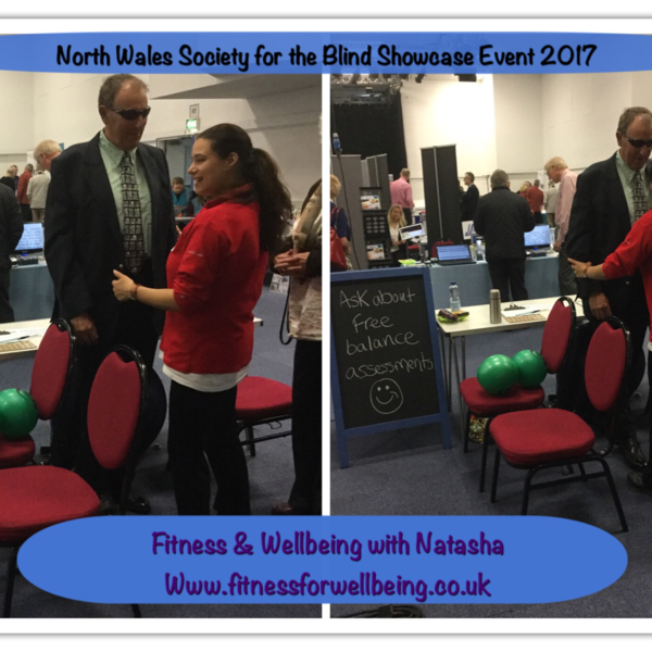 Picture of Natasha carrying out a balance assessment with a blind gentleman at the North Wales Society for the Blind Showcase 2017