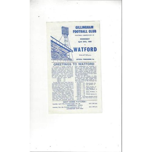 1967/68 Gillingham v Watford Football Programme