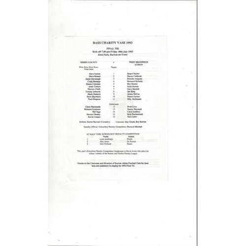 1993 Derby v West Bromwich Albion Bass Charity Vase Final Football Programme etc