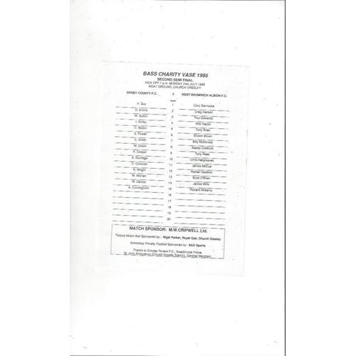 1995 Derby v WBA Bass Charity Vase Semi Final Football Programme + Team Sheet