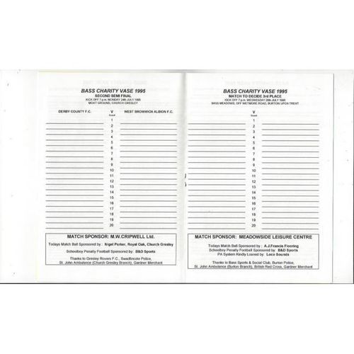 1995 Derby v WBA Bass Charity Vase Semi Final Football Programme + Team Sheet