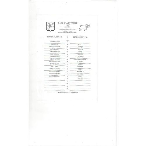 1997/98 Burton Albion v Derby County Bass Charity Vase Group B Team Sheet