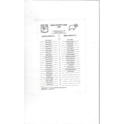 1999/00 Bass Charity Vase Football Programme + 2 Team Sheets. Burton Albion, Derby County & Stoke City