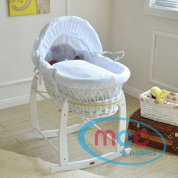 Deluxe White Wicker Moses Basket With White Cotton Dressing & Rocking Stand