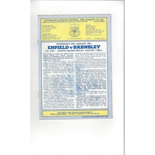 Enfield v Barnsley FA Cup Replay Football Programme 1980/81 @ Spurs