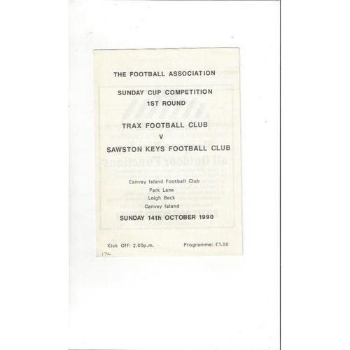 1990/91 Trax v Sawston Keys Sunday Cup Football Programme @ Canvey Island