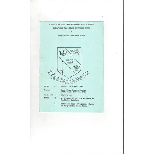 1991/92 Hallfield All Stars v Clockhouse Arthur Dann Memorial Cup Final Football Programme