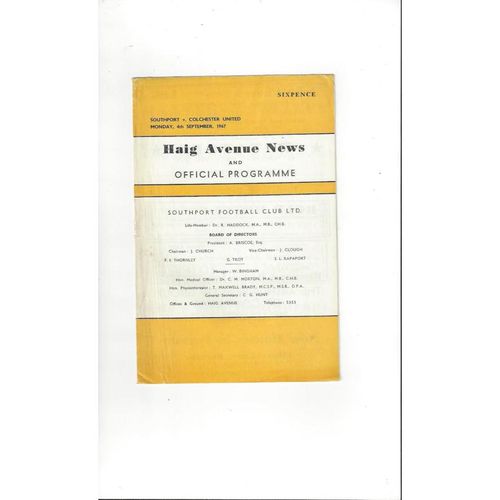 1967/68 Southport v Colchester United Football Programme