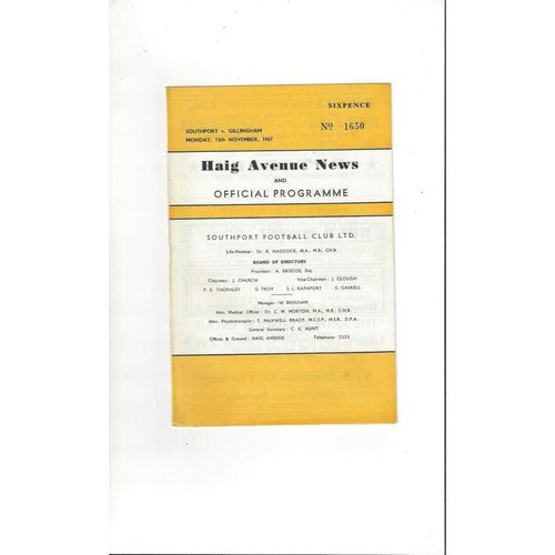 1967/68 Southport v Gillingham Football Programme