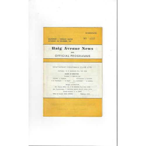 1967/68 Southport v Torquay United Football Programmes