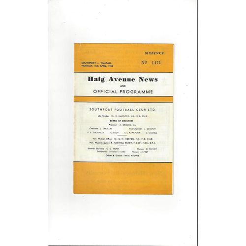 1967/68 Southport v Walsall Football Programmes