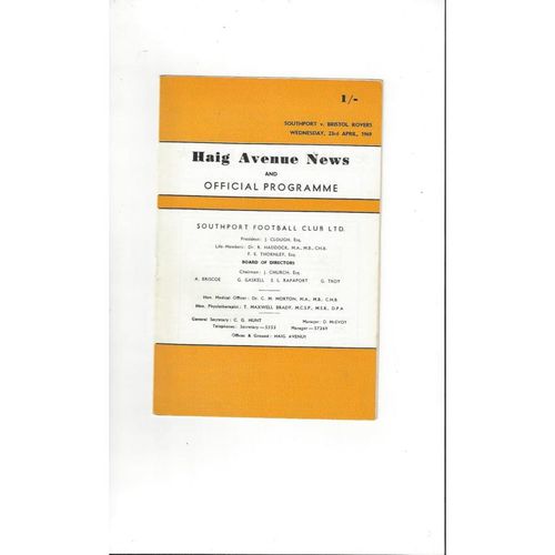 1968/69 Southport v Bristol Rovers Football Programme