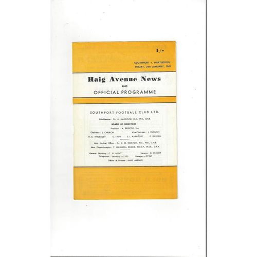 1968/69 Southport v Hartlepool United Football Programme