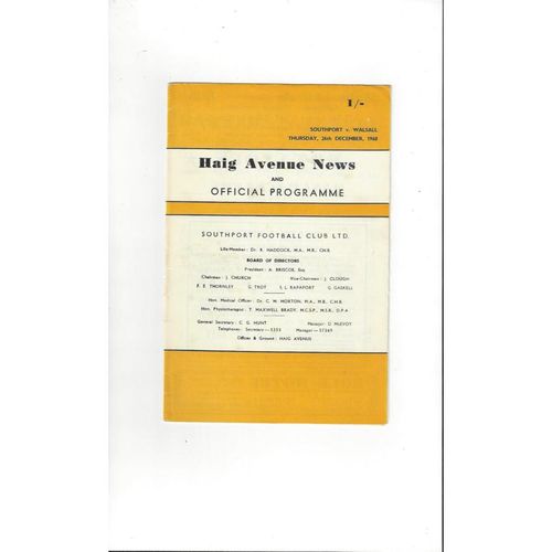 1968/69 Southport v Walsall Football Programme