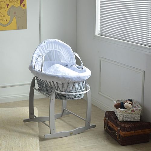 Deluxe Grey Wicker Moses Basket With Mattress,Bedding sets,and Rocking Stand