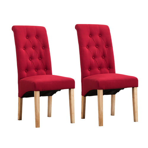 Set of 2 Fey Lined Fabric Dining Chairs Roll Top Scroll High Back (Red)