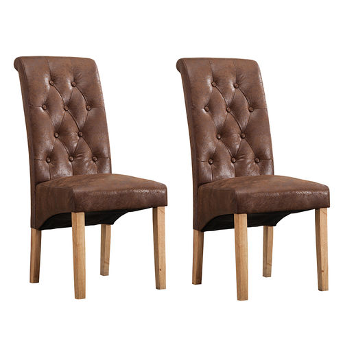 Set of 2 Fey Lined Fabric Dining Chairs Roll Top Scroll High Back (Brown)