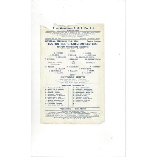 Bolton Wanderers v Chesterfield Reserves Football Programme 1965/66