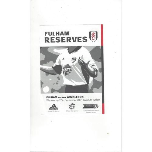 Fulham v Wimbledon Reserves Football Programme 2001/02