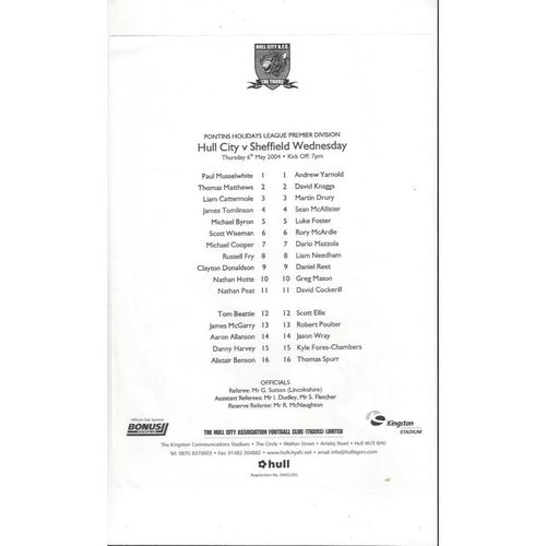 Hull City v Sheffield Wednesday Reserves Football Programme 2003/04