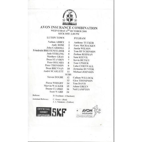 Luton Town v Fulham Reserves Football Programme 2000/01