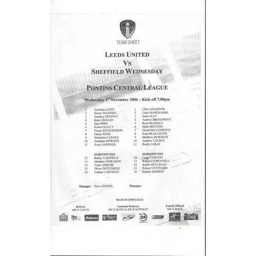 Leeds United v Sheffield Wednesday Pontins League Football Programme 2006/07
