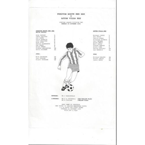 Preston v Aston Villa Reserves Football Programme 1995/96